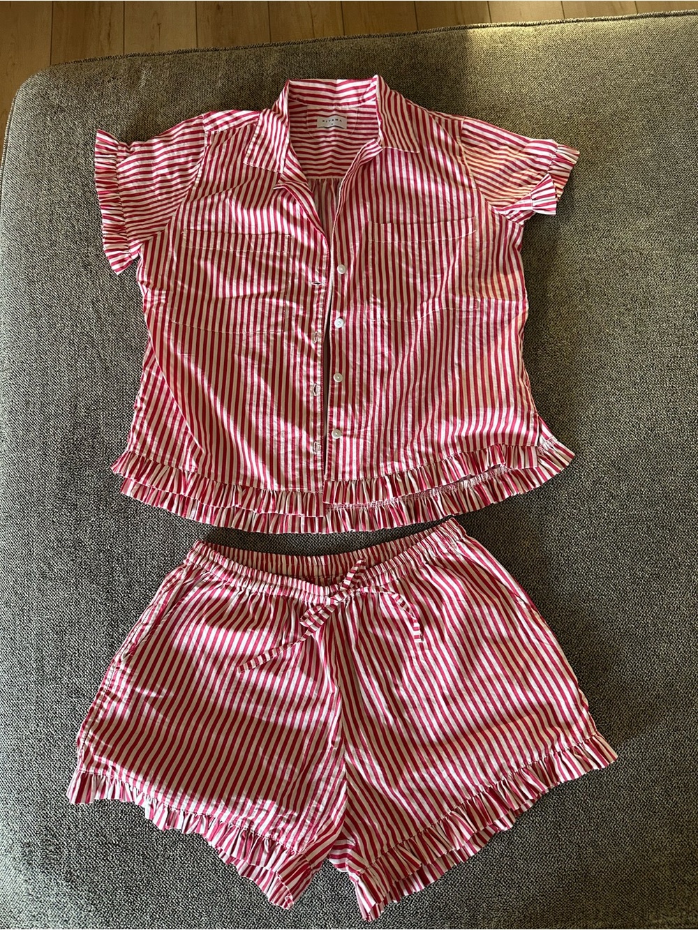 Women's Piyama Pink & White Striped Short Pajama Set cotton with Ruffle Trim